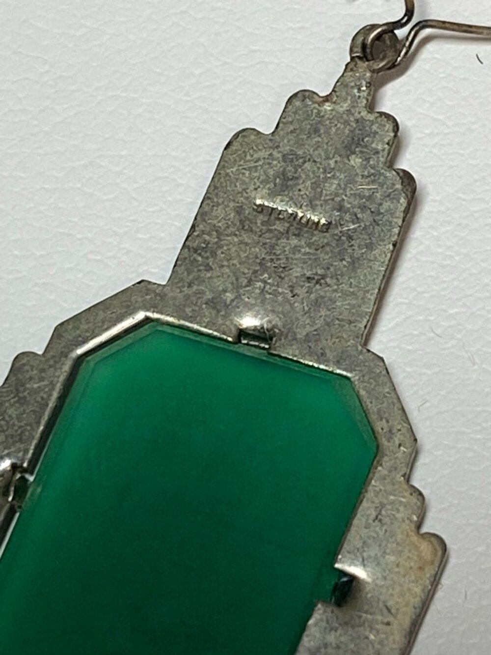 Art Deco 1930s Chrysoprase Marcasite Sterling Silver Earrings Antique - Picture 7 of 15